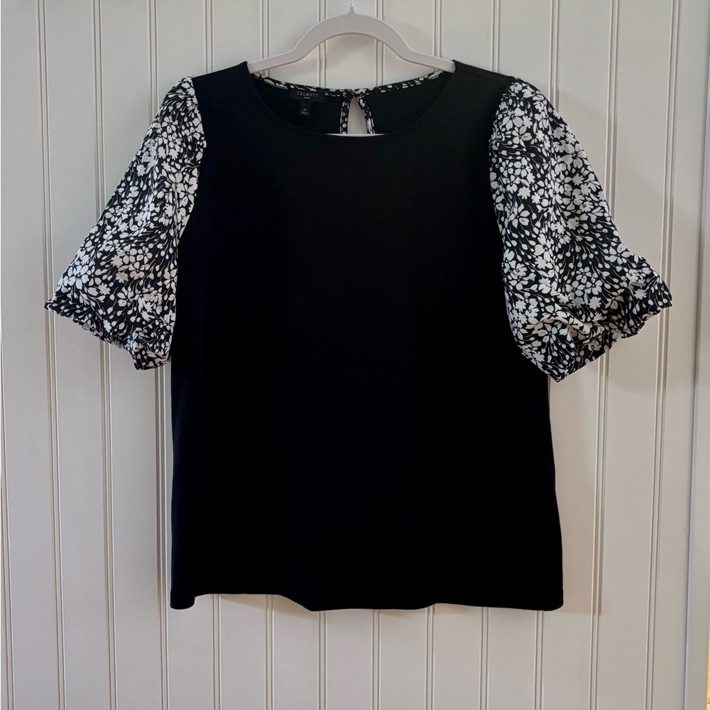 Black Top with Floral Puff Sleeves - Women's